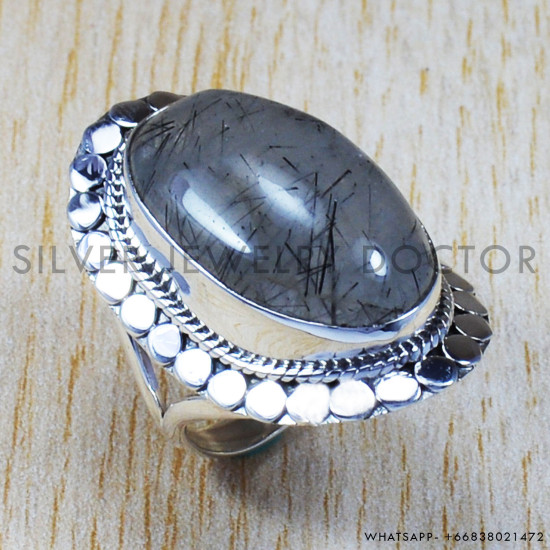 Black Rutile Gemstone Pure 925 Silver Wedding Jewelry Fine Rings SJWR-648
