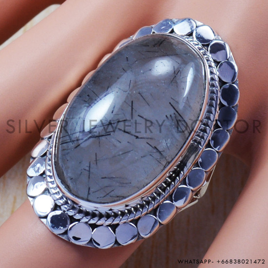 Black Rutile Gemstone Pure 925 Silver Wedding Jewelry Fine Rings SJWR-648