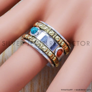 925 Sterling Silver & Brass Jewelry Turquoise & Carnelian Gemstone Ring, made in Thailand SJWR-79