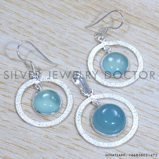 Blue Chalcedony 925 Sterling Silver Jewelry Set (SJWS-101)