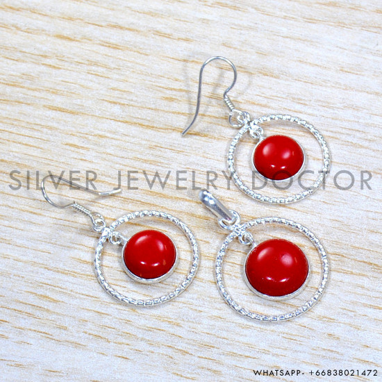Coral 925 Sterling Silver Jewelry Set (SJWS-106)