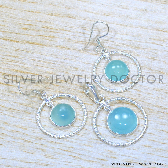 Blue Chalcedony 925 Sterling Silver Jewelry Set (SJWS-150)