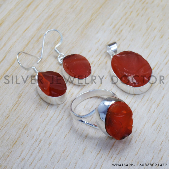 Rough Carnelian 925 Sterling Silver Jewelry Set (SJWS-45) Rough Carnelian 925 Sterling Silver Jewelry Set (SJWS-45)