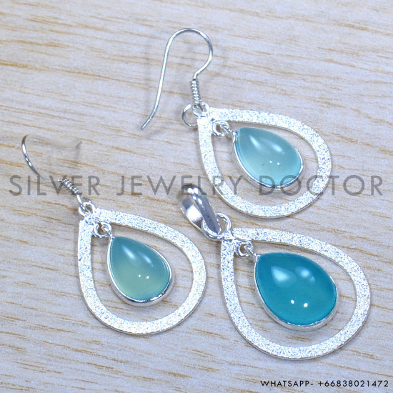 Blue Chalcedony 925 Sterling Silver Jewelry Set (SJWS-89)