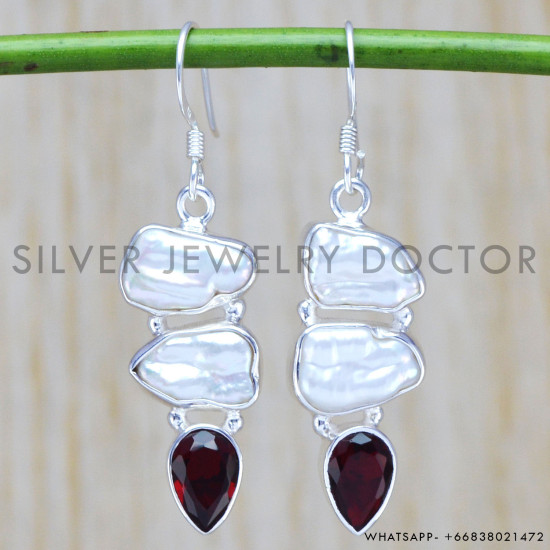 925 sterling silver unique jewelry pearl and garnet gemstone earring , minimalist silver jewelry WE-6446
